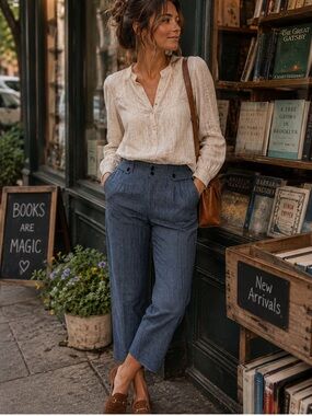 Sundance Life Of Dreams Cotton Linen Blue Gingham Plaid Tapered Pants